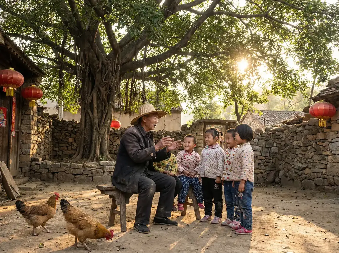老人在大榕树下给孩子们讲故事 - SKP是什么意思 乡村记忆
